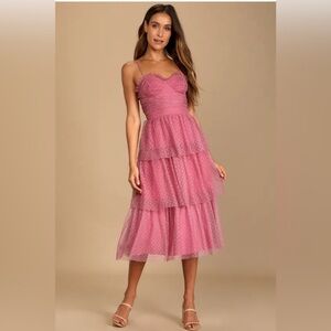 NWT LuLu’s Sweetheart Style Mauve Polka Dot Bustier Tiered Midi Dress